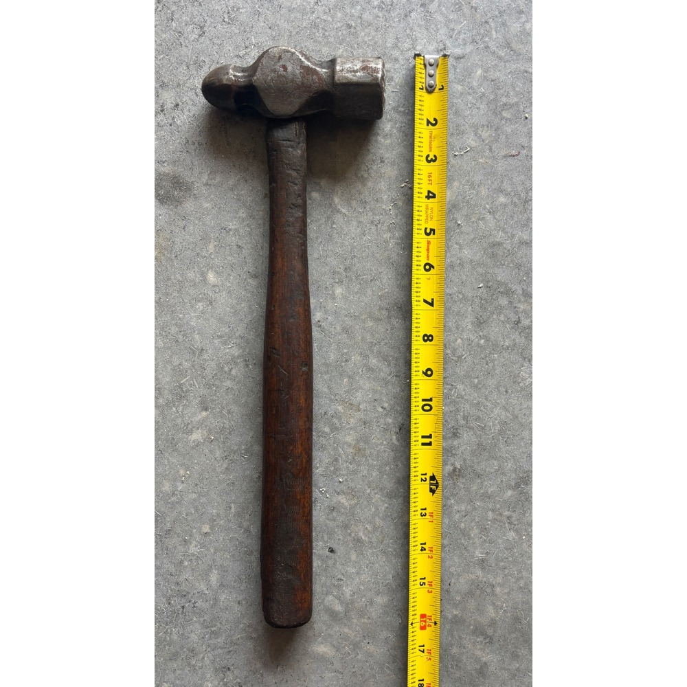 Vintage Ball Peen Hammer Forged‎ Steel Head 15.5 Inch Wood Handle Antique Tool